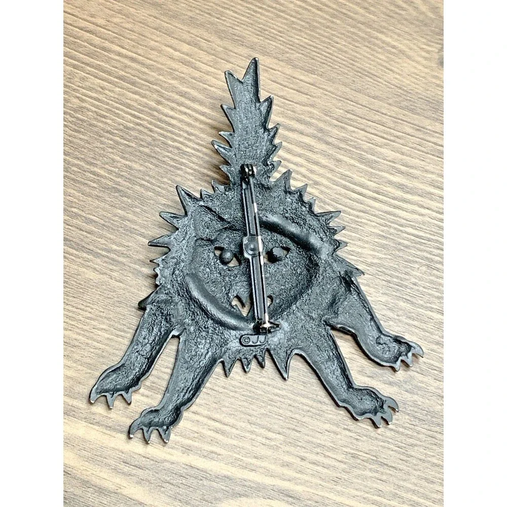 Vintage JJ Signed Pewter Rhinestone Halloween Scaredy Cat Brooch Pin Goth